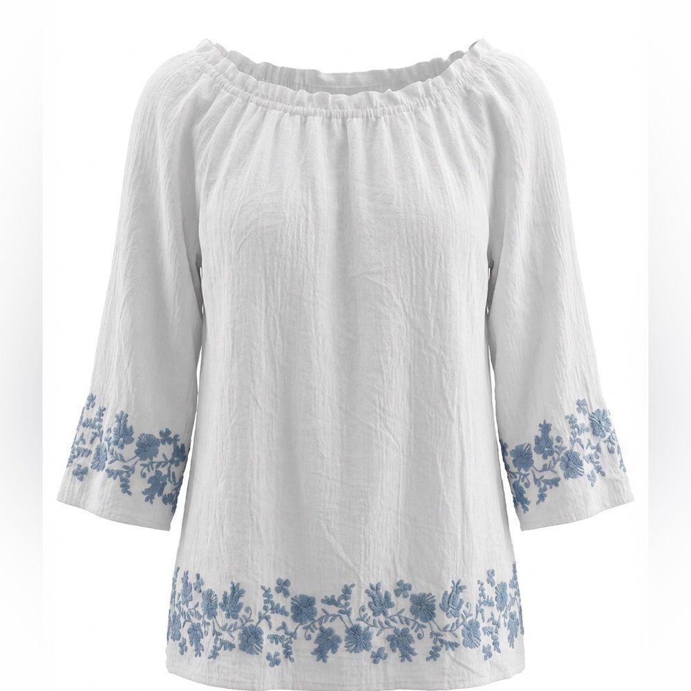J JILL WOMENS NEW BOHO STYLE EMBROIDERED BLOUSE SIZE S WHITE & LT BLUE